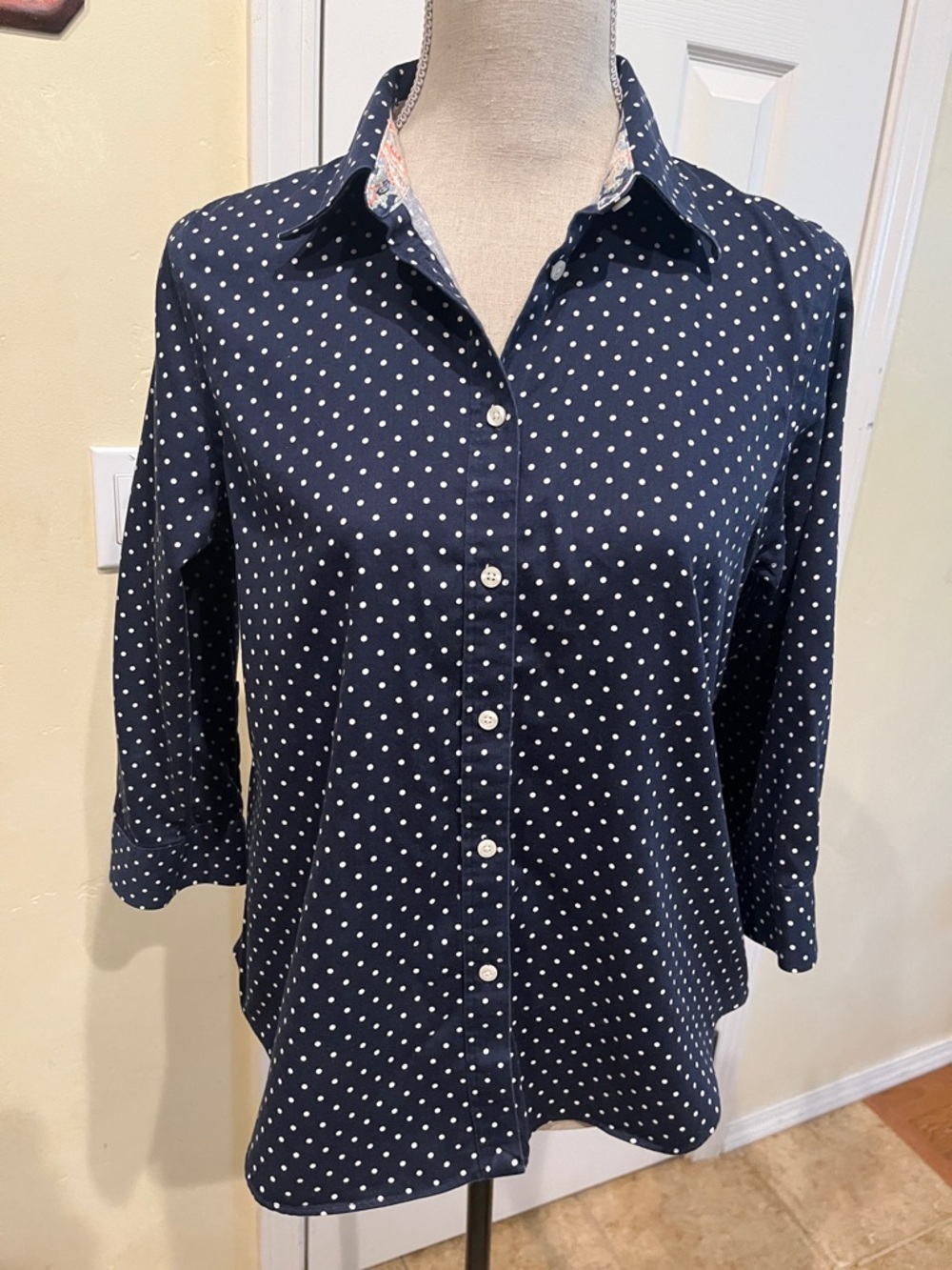 Chaps Navy and White Polka Dot Button-Down Shirt